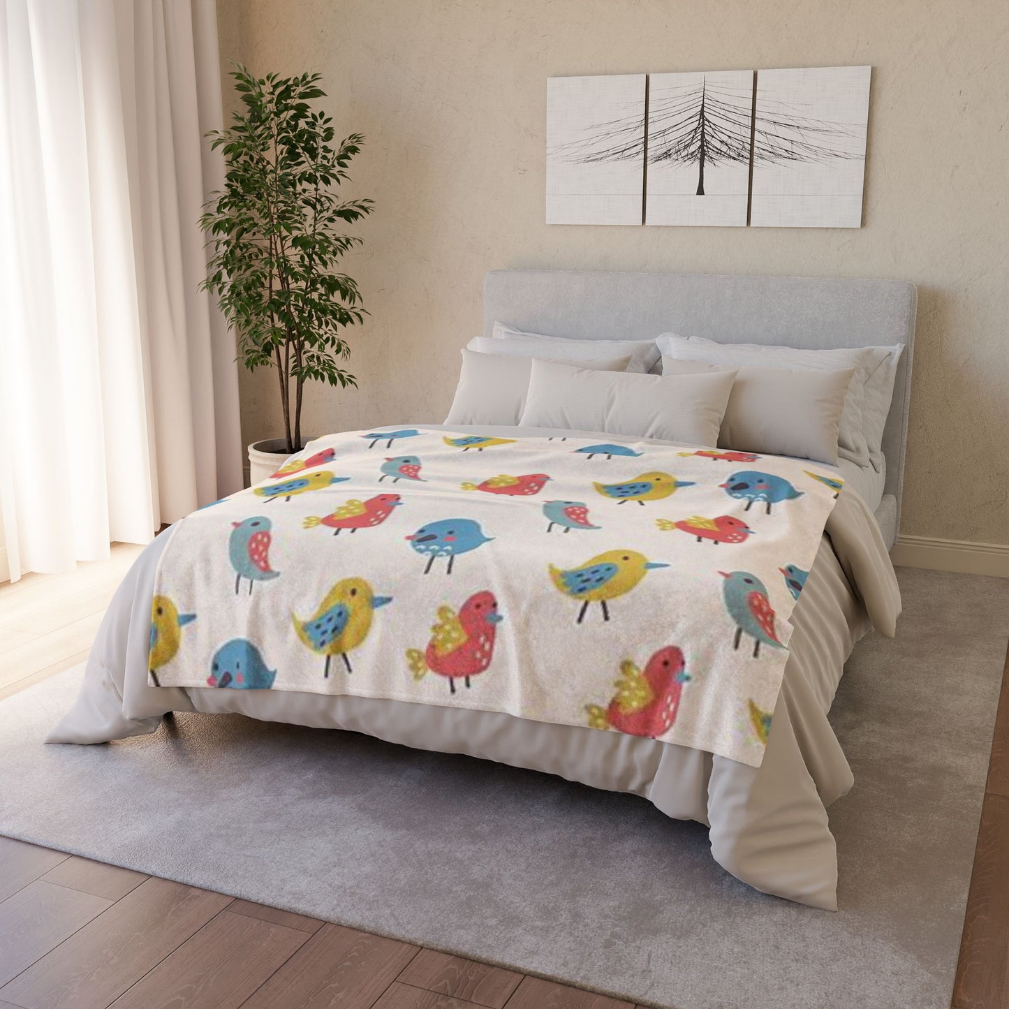 Colorful Bird Pattern Soft Polyester Blanket - Cozy & Whimsical